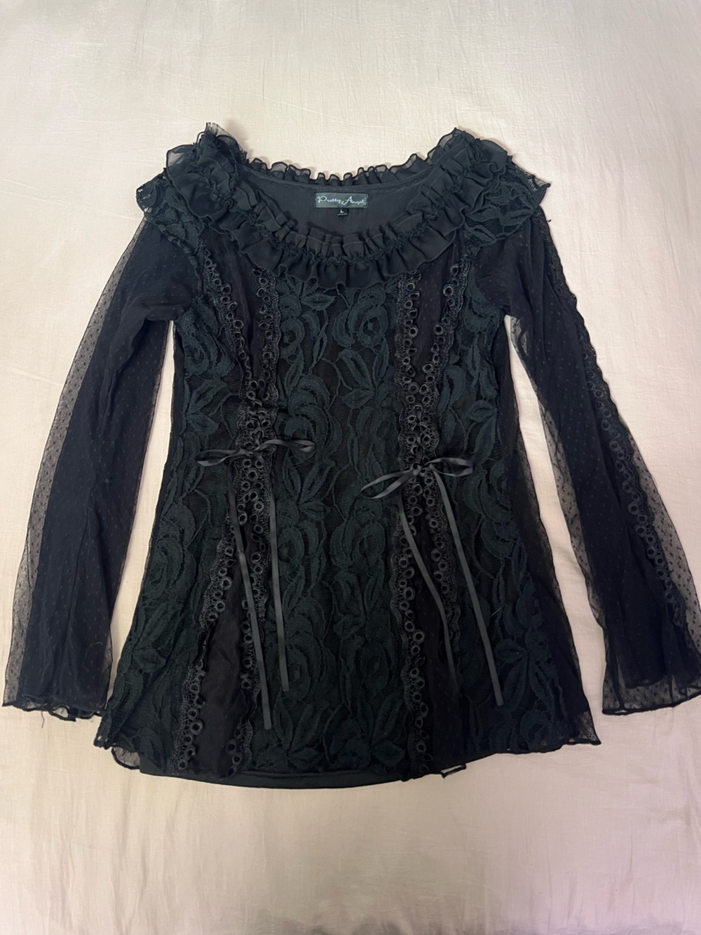 Pretty Angel Black Lace Long Sleeve Ruffle Neck Dress